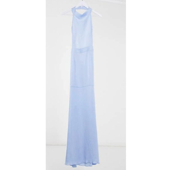 MISSGUIDED Baby Blue Satin/Crepe High Neck Halter Maxi Dress - Picture 1 of 10